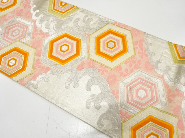 アンティーク　重ね亀甲に荒波・菊模様織り出し袋帯（材料）